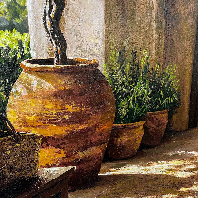 May include: An oil painting depicting a large, textured terracotta pot with a tree trunk, positioned next to two smaller clay pots containing green plants and a woven basket in the foreground, all set against a stone wall.