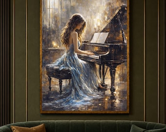 May include: A framed wall art print depicting a person with long wavy hair wearing a flowing blue gown, seated on a dark bench while playing a grand piano. The scene features warm golden lighting, soft brushstrokes, and an open music book.
