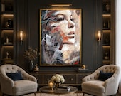 Abstract Woman Portrait, Modern Artistic Face Wall Art, Contemporary Expression Moody Color painting, handmade, embroidery, framed, wall art