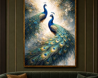 Elegant Pair of Peacocks, Vibrant Feather Detail Wall Art, Floral Nature Scene, Decorative painting, handmade, embroidery, framed, wall art