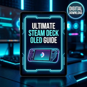 Może przedstawiać: Cyfrowy obraz dla Ultimate Steam Deck OLED Guide. Obraz przedstawia tablet z neonowym niebieskim i fioletowym designem, z ilustracją Steam Deck. Słowa "POBIERANIE CYFROWE" znajdują się w okręgu u góry.