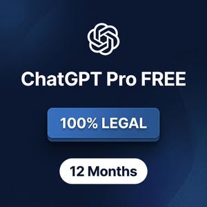 May include: A digital graphic on a dark blue gradient background. The text reads "ChatGPT Pro FREE" in white, with a white logo above. Below, a blue button says "100% LEGAL", and a white oval says "12 Months".