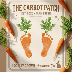 May include: A framed print with the text "The Carrot Patch" and the words "Est. 2026 • Farm Fresh". The print features orange footprints with green carrot tops and is surrounded by fresh carrots.