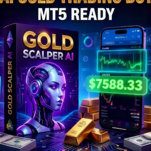 Puede incluir: Anuncio de un bot de trading de oro con IA. La imagen presenta una caja con la etiqueta "GOLD SCALPER AI" y un teléfono inteligente que muestra una interfaz de trading con un saldo de $7588.33. También hay lingotes de oro y fajos de billetes.