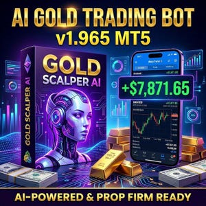 Puede incluir: Un anuncio de un bot de trading de oro con IA, con una caja "GOLD SCALPER AI" y un smartphone que muestra datos de trading. La imagen incluye lingotes de oro, dinero en efectivo y el texto "AI-POWERED & PROP FIRM READY."