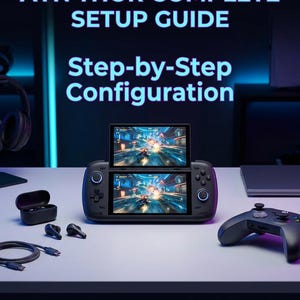 Puede incluir: Imagen de una consola de juegos portátil negra con dos pantallas que muestran un videojuego. El texto "AYN THOR COMPLETE SETUP GUIDE" y "Step-by-Step Configuration" se muestran encima de la consola. El texto "Instant Digital Download" se muestra debajo.