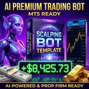 May include: A promotional image for an AI trading bot. The image features a futuristic female robot, a box labeled "SCALPING BOT TEMPLATE", a smartphone displaying a trading chart, stacks of cash, and gold bars. The text reads "AI PREMIUM TRADING BOT" and "+$8,425.73".