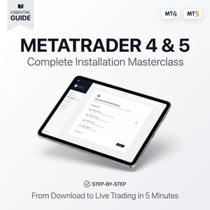 Puede incluir: Una tableta digital muestra una pantalla de "Progreso de instalación exitosa". La imagen presenta el texto "METATRADER 4 & 5 Complete Installation Masterclass" y "From Download to Live Trading in 5 Minutes". Una pequeña pancarta dice "ESSENTIAL GUIDE".