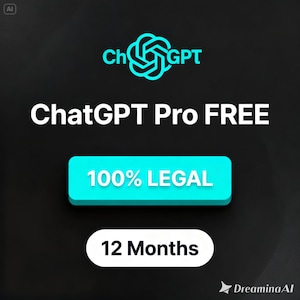 May include: A digital graphic with the text "ChatGPT Pro FREE" in white font. The ChatGPT logo is in teal. A teal rectangle states "100% LEGAL". A white oval states "12 Months". The background is dark grey.