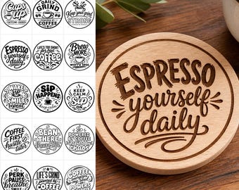 Paquete de posavasos con frases divertidas sobre café en formato SVG y PNG, con archivos digitales de descarga instantánea.