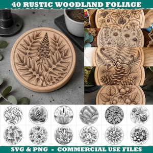 May include: A digital collection titled 40 RUSTIC WOODLAND FOLIAGE featuring circular designs with black line art illustrations of plants, berries, pinecones, and mushrooms. The set includes SVG and PNG files for commercial use, showcasing detailed botanical motifs.