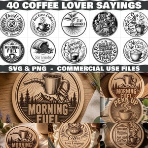 Puede incluir: Una colección digital de 40 diseños circulares con temática de café que incluyen ilustraciones de tazas, granos y textos como Morning Fuel, Decaf? No Thanks y Stay Grounded, presentados como archivos SVG y PNG para uso comercial.