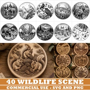 Puede incluir: Una colección de ilustraciones circulares de vida silvestre que presentan varios animales, incluyendo alces, aves, cuervos, peces, castores, osos, ciervos, zorros, lobos y ardillas en estilos de arte lineal y grabado en madera.