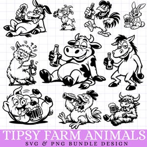 Paquete de imágenes SVG y PNG de animales de granja borrachos: arte digital divertido dibujado a mano (descarga instantánea)