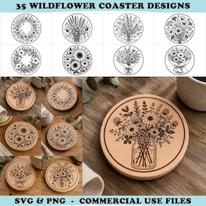 May include: Wooden coasters with wildflower designs. The image shows a variety of round coasters with different floral patterns, including wreaths, bouquets, and sunflowers. The text "35 WILDFLOWER COASTER DESIGNS" is at the top.