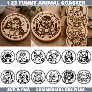 Può includere: Sottobicchieri in legno con illustrazioni di animali divertenti, ognuno con una tazza di caffè. I disegni includono una scimmia, un toro, un procione, una foca, un gatto, un cervo, un pinguino, un panda, un cavallo, un unicorno, un gufo, un delfino, un leone e un polpo. Il testo dice "123 FUNNY ANIMAL COASTER".