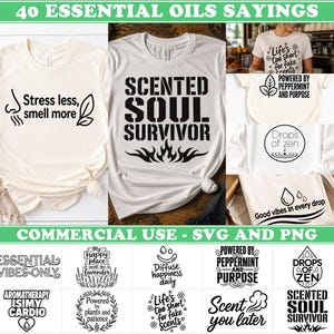 Peut inclure: Une collection de t-shirts blancs avec des impressions graphiques noires présentant des slogans sur les huiles essentielles comme Stress less, smell more, Scented Soul Survivor, Life's too short for fake scents et Drops of zen.