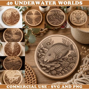 May include: A collection of 40 circular wooden coasters featuring intricate laser-engraved illustrations of underwater worlds, including coral reefs, fish, mangroves, and aquatic plants, with the text 40 UNDERWATER WORLDS and COMMERCIAL USE - SVG AND PNG.