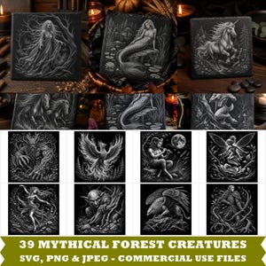 May include: A collection of 39 digital illustrations featuring mythical forest creatures including a mermaid, unicorn, phoenix, satyr, fairy, and griffin. Each black and white graphic depicts a unique fantasy being set within a detailed woodland environment.