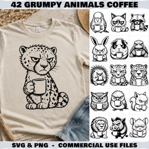Peut inclure: Un t-shirt beige avec un dessin au trait noir représentant un guépard grincheux tenant une tasse de café. L'image présente également une grille de 15 illustrations supplémentaires en noir et blanc d'animaux grincheux tenant une tasse.