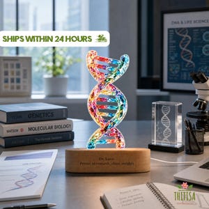 May include: A multi-colored, translucent DNA double helix sculpture illuminated from within, mounted on a light-toned wooden base engraved with the text: Dr. Lucas, Persist in research, chase insights. The structure features a vibrant, faceted design.