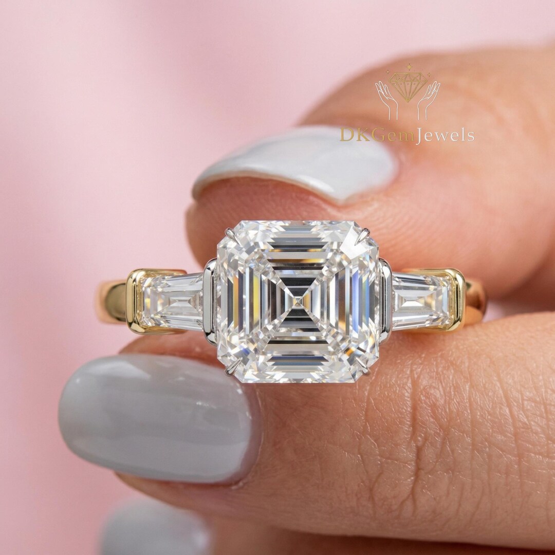 Emerald Cut Three Stone Diamond Ring - Tapered Baguette Side Stones 0. ...