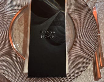Custom Wedding Menu Place Card | Black Minimalist Guest Name Card | Dual-Purpose Reception Decor