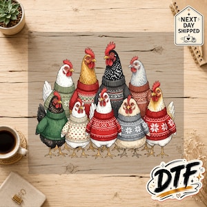 May include: A group of nine chickens standing together, each wearing a different colored knit sweater with various patterns including snowflakes, hearts, and geometric designs. The chickens have white, black, and brown feathers and red combs.