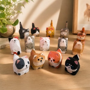Figura de gato y perro tallada a mano en madera, miniatura, regalo conmemorativo para mascotas fallecidas, estatua totémica.