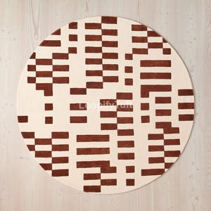 Hand Tufted Round Wool Rug with Geometric Pixel Pattern, Rust and Cream Circular Area Rug for Nursery, Modern Handmade Abstract Carpet