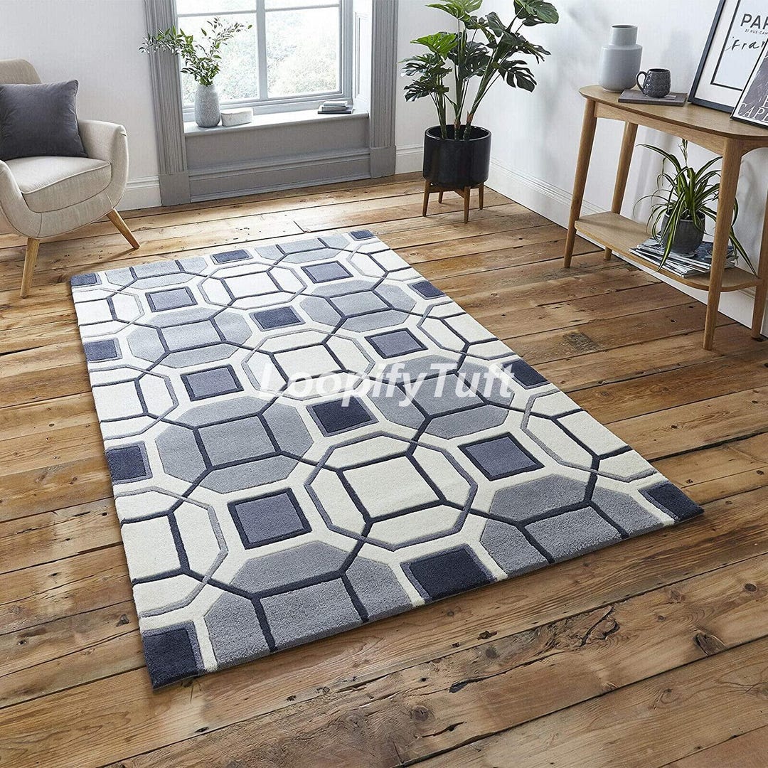 Modern Patterned Area Rug Modern 3D Geometric Pattern Rug - Blue, Grey & White Patterned Area Rug ...