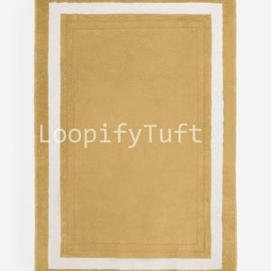 May include: A rectangular rug with a gold center, a white border, and a gold outer edge. The rug has a textured appearance and the text "LoopifyTuft" is printed on the bottom.