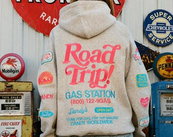 Road Trip Embroidery Hoodie Vintage Patch Style Graphic Cozy Cotton Blend Travel Sweatshirt