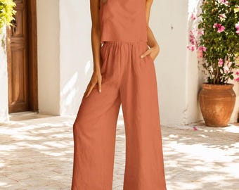 Combinaison en coton pour femme, barboteuse à jambes larges, tenue d'été sans manches, salopette ample et décontractée, pantalon