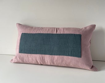 Studio Made | Albers Lumbar Throw Pillow Linen Sham Postmodern Cushion Cover w/ Hand Stitched Applique and Down Feather Insert 14&quot; x 24&quot;