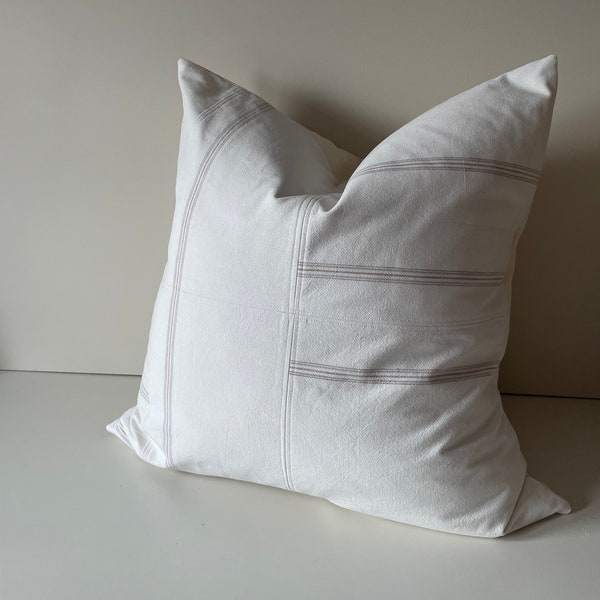 Handmade Hemp Grainsack Feedsack Pieced Oversized Throw Pillow Cushion | 24" x 24" w/ Down Insert