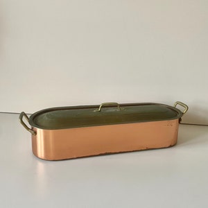 Large Copper & Brass Vintage Antique Long Roasting Pan with Steamer and Lid