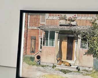 Vintage Framed Watercolor Print of Dog Basking in Sun :)
