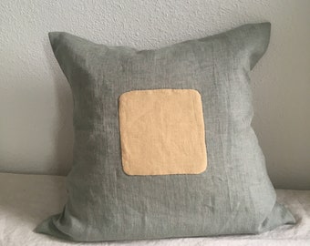 Albers Pillow | 100% Lithuanian Linen Sham Cushion Cover with Hand Stitched Applique and Down Feather Insert
