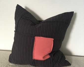 Patch Pillow | 100% Linen Sham Cushion Cover with Patchwork Detail and Down Feather Insert 20 x 20