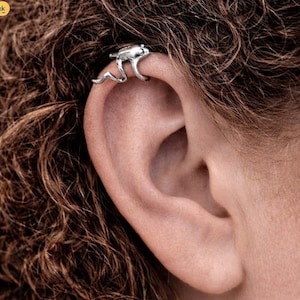 May include: A silver-toned ear cuff shaped like a small frog with its legs extending down the side of the ear cartilage. The metal piece features a smooth, reflective finish and is positioned securely on the upper edge of the ear.