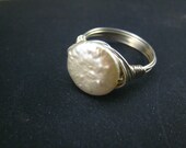 white freshwater pearl coin ring - US ring size 5 to 11