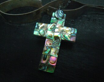 Abalone Cross,Oxidized Sterling Silver Pendant