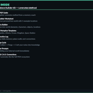 May include: A dark teal graphic with white text detailing the contents of the Memory Palace Builder Kit - Lorenotes Method. The text includes an 8-page PDF guide, a world builder worksheet, and other tools for memory improvement.