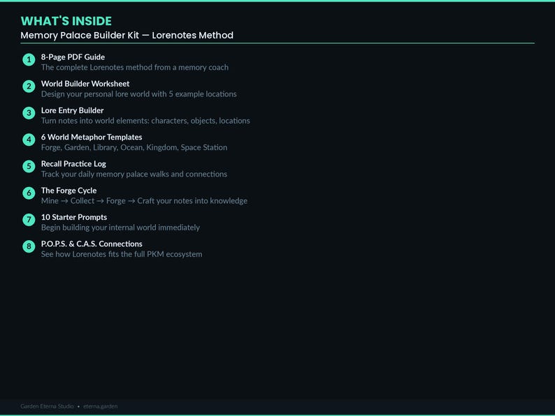 May include: A dark teal graphic with white text detailing the contents of the Memory Palace Builder Kit - Lorenotes Method. The text includes an 8-page PDF guide, a world builder worksheet, and other tools for memory improvement.
