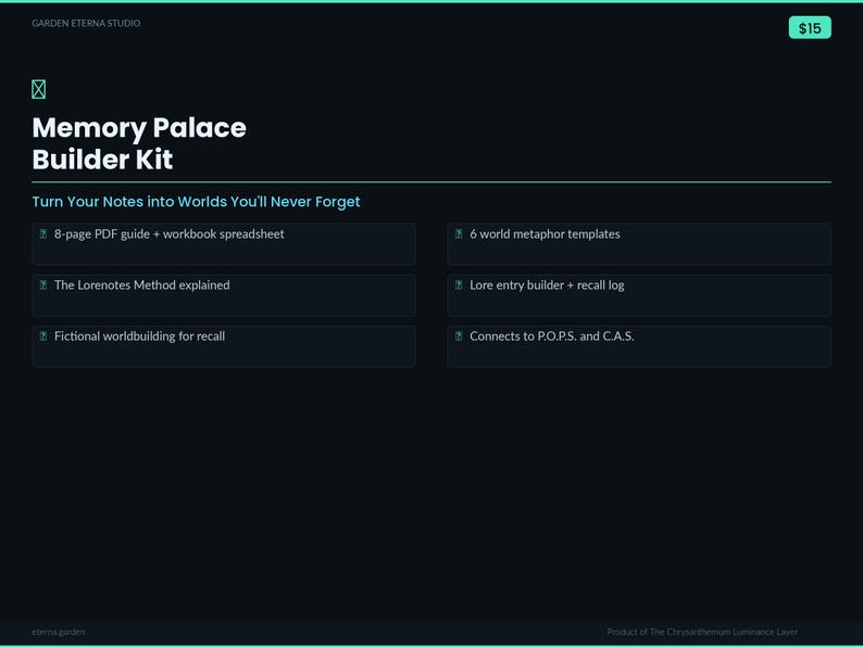 May include: A dark teal graphic advertising a "Memory Palace Builder Kit." The text includes the tagline "Turn Your Notes into Worlds You'll Never Forget" and lists features such as a PDF guide, metaphor templates, and a lore entry builder.