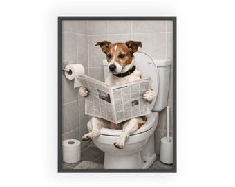 Funny Dog Toilet Poster Bathroom Wall Art Dog Reading Newspaper Print Humorous Bathroom Decor Funny Pet Wall Art Gift