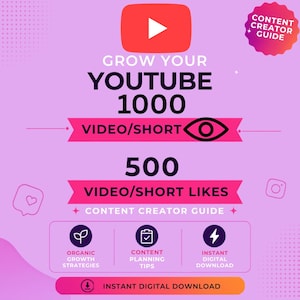 Könnte beinhalten: Ein Content-Creator-Leitfaden auf hellviolettem Hintergrund mit dem Text GROW YOUR YOUTUBE 1000 VIDEO/SHORT, 500 VIDEO/SHORT LIKES und CONTENT CREATOR GUIDE. Enthält Symbole für organisches Wachstum, Planungstipps und sofortigen digitalen Download.