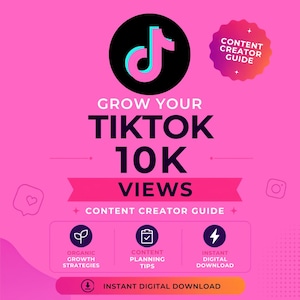 Könnte beinhalten: Ein Content-Creator-Leitfaden auf leuchtend rosa Hintergrund mit dem TikTok-Logo, dem Text GROW YOUR TIKTOK 10K VIEWS sowie Symbolen für organische Wachstumsstrategien, Tipps zur Inhaltsplanung und eine Schaltfläche für den digitalen Download.
