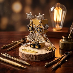 Steampunk Robot Miniature Android Sculptural Statement Wood Metal Gear Head Gift Cyberpunk Pendant